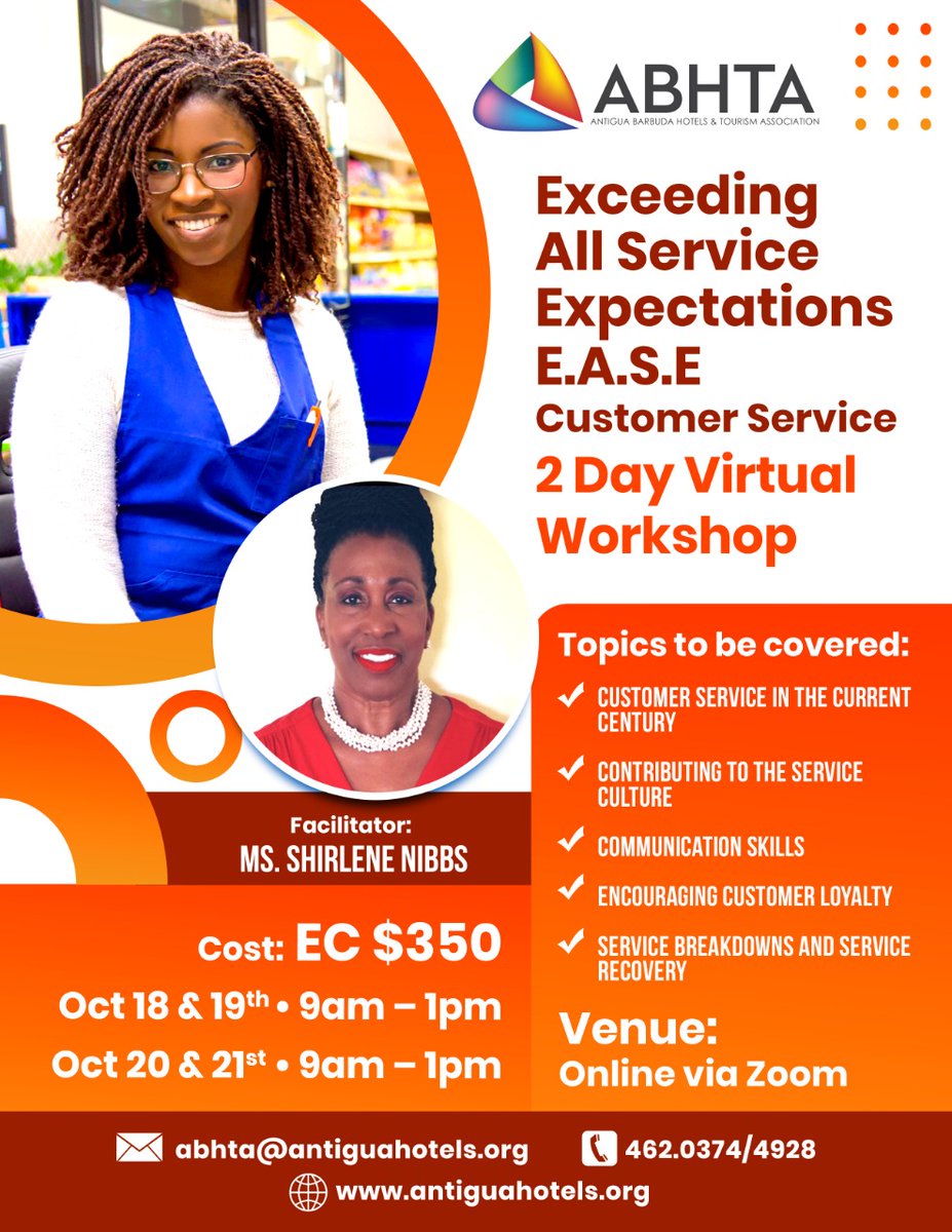 ▶️Introducing ABHTA's Exceeding All Service Expectations - E.A.S.E Customer Service 2 Day Virtual Workshop! 
.
Register here docs.google.com/document/d/1Tn… 
.
For more details please call 462-0374 or email abhta@antiguahotels.org