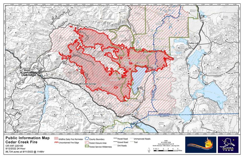 OSFM's tweet photo. The #CedarCreekFire stands at 86,734 acres. The Lane County Sheriff’s Office lowered some evacuation levels yesterday. 

We've posted the latest information to the OSFM Incident Info blog. 

LINK: https://t.co/u5EbPEEJts

#wildfire #oregon https://t.co/axhUA8TWz6