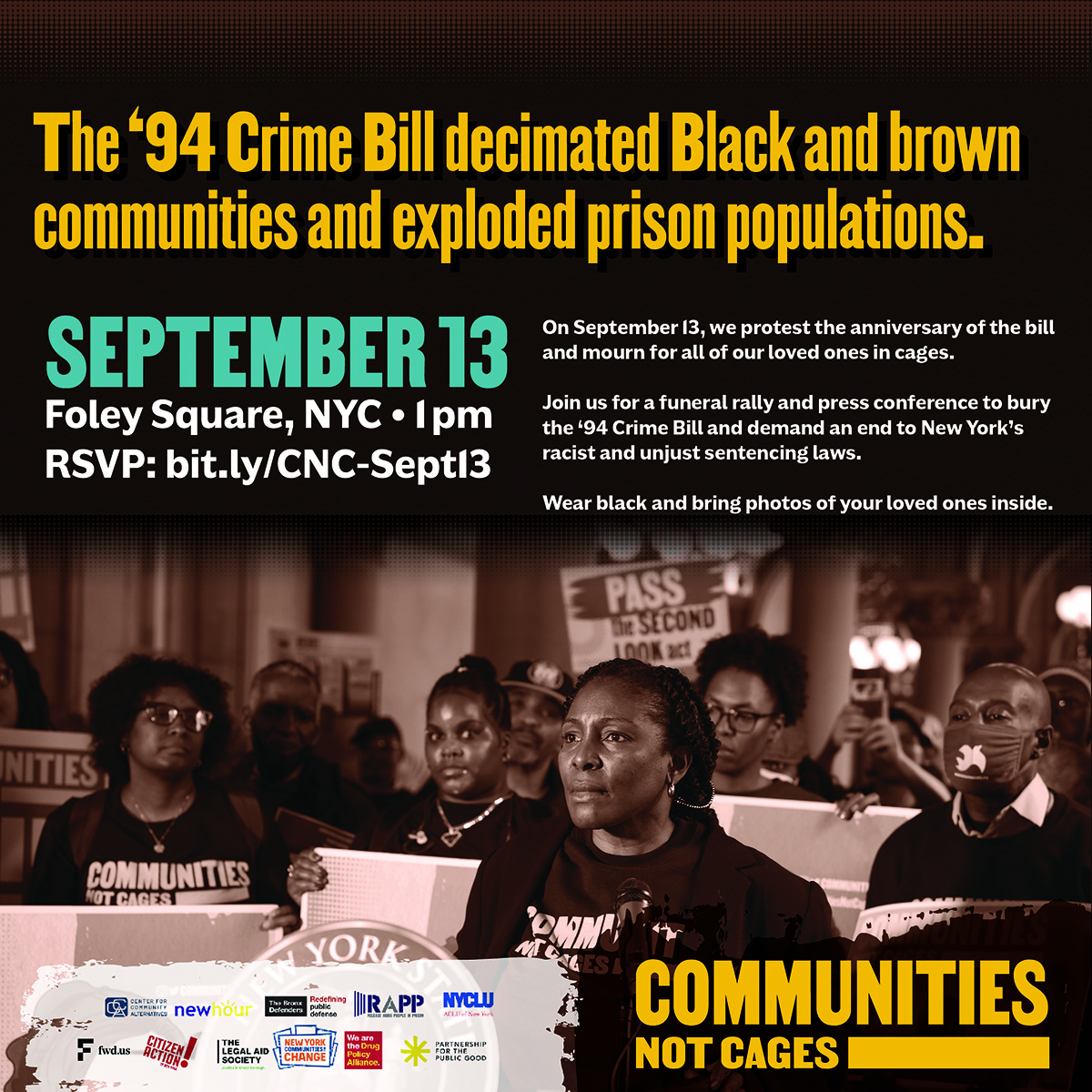 HudsonLink's tweet photo. Join #CommunitiesNotCages this #ActionTuesday for a funeral rally and press conference, demanding an end to the '94 Crime Bill. Meet up at Foley Square, NYC at 1PM on Sept 13, wear black and bring pics of your loved ones inside. RSVP: https://t.co/pkTQOLG6mI https://t.co/H7lgnqcxOo