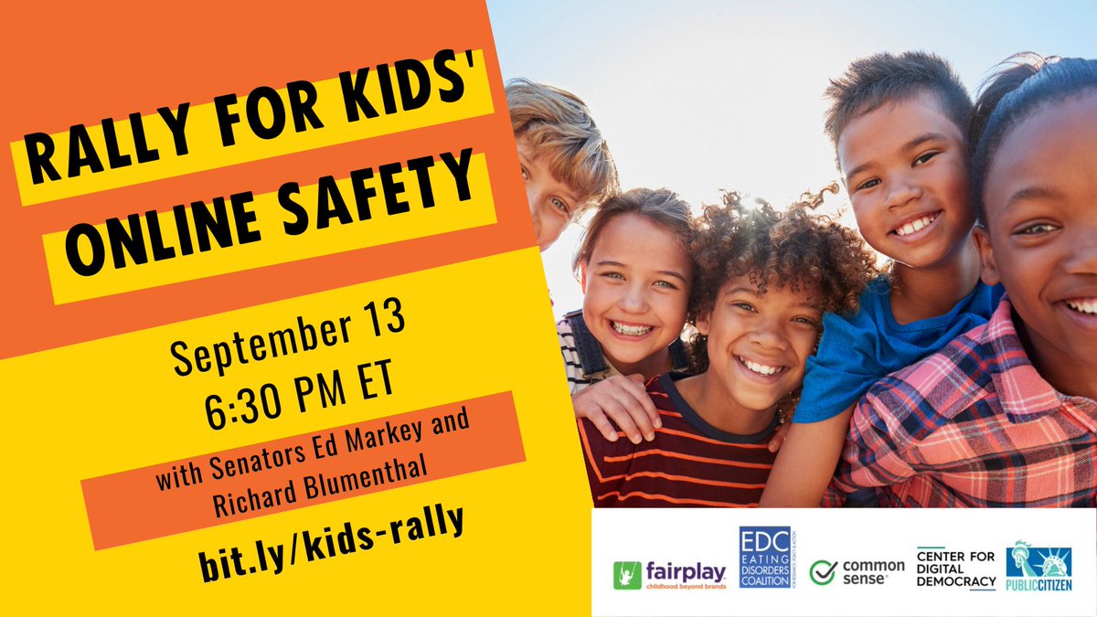 fairplayforkids's tweet photo. Come rally with us tomorrow! Join Fairplay and our friends @SenMarkey, @SenBlumenthal, @jimsteyer, and other advocates at 6:30 PM ET as we rally for kids' online safety together. Learn more and register at https://t.co/sOndvrNziG https://t.co/Esb0mOVQxv