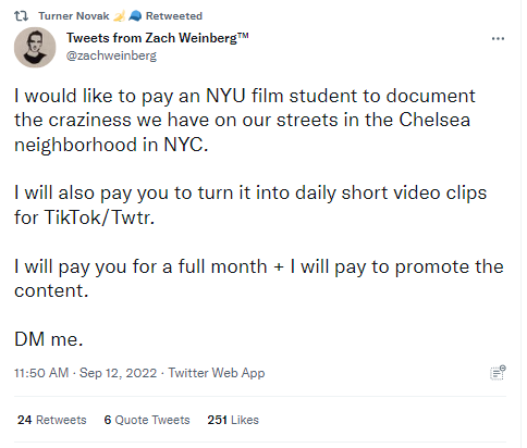 WillOremus's tweet photo. rich techies paying film students to produce anti-homeless-person propaganda for tiktok feels very 2022 https://t.co/FK7OOODwgI