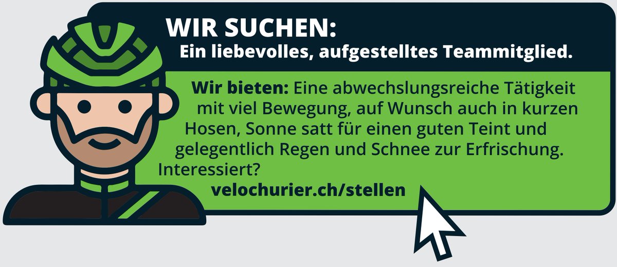 Jetzt bewerben und Teil des Teams werden: 
velochurier.ch/de/pages/stell…