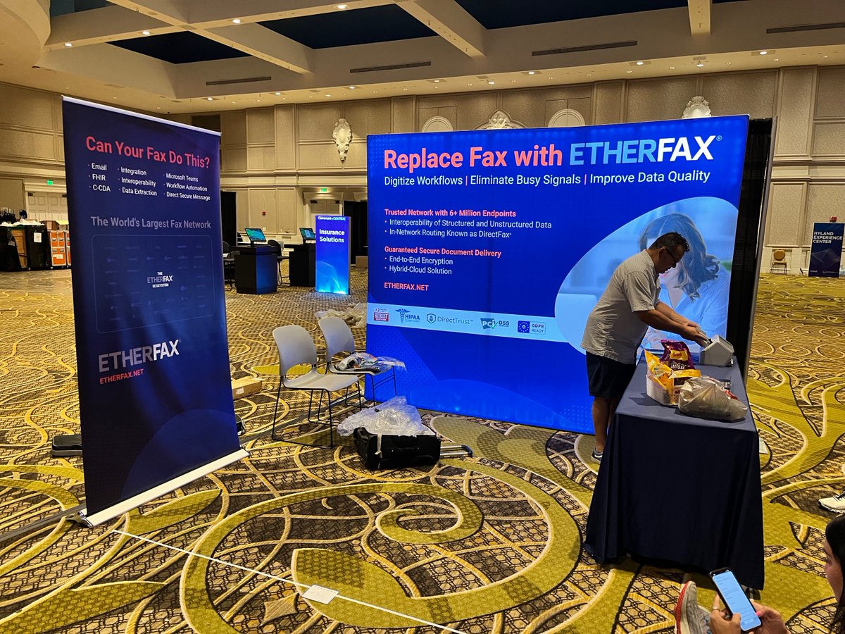 ETHERFAX's tweet photo. We've been hard at work setting up our booth and can't wait to see everyone at #CommunityLIVE tomorrow! If you're attending, be sure to visit us at Booth #32. @Hyland https://t.co/tiXKlY4dj3