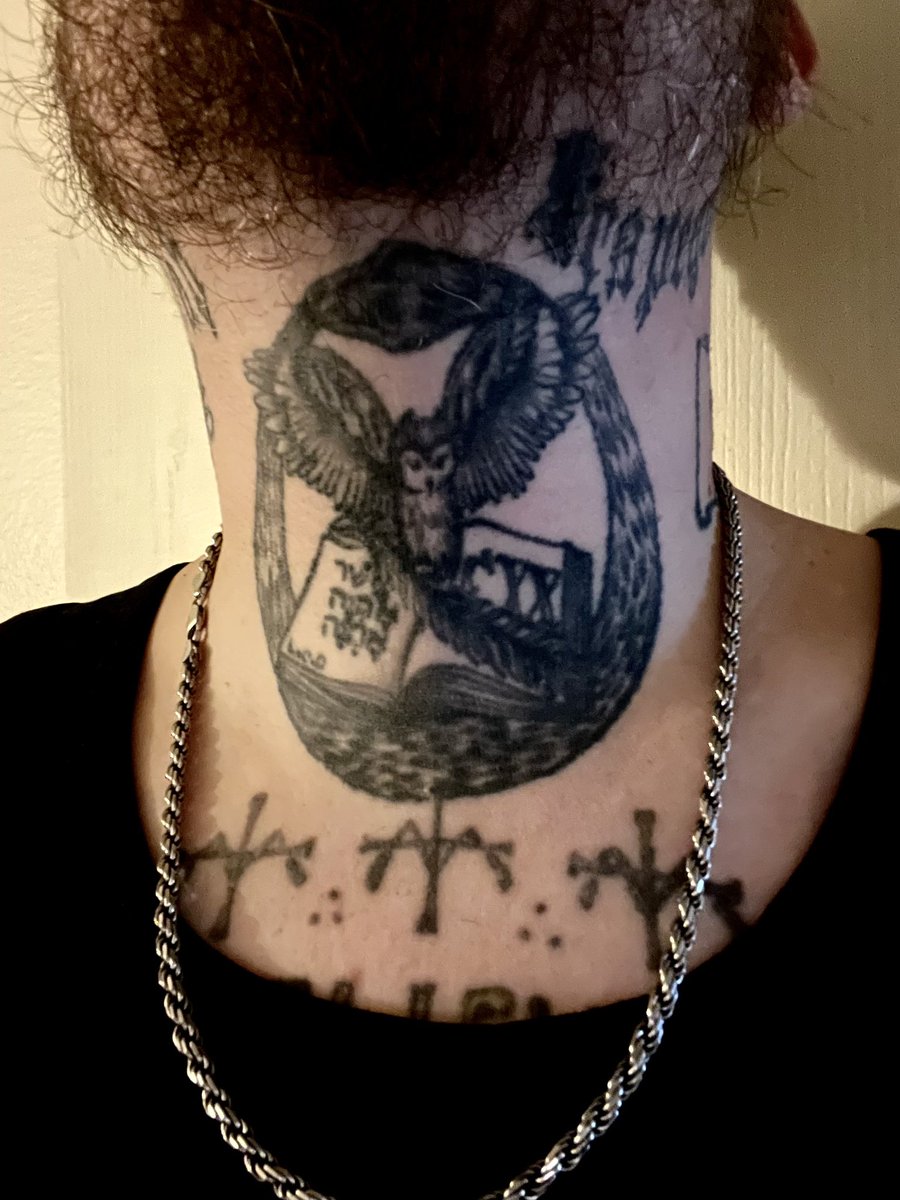 sicktanick's tweet photo. The symbolism is in folds. The owl sees in the dark, the Hebrew is my favorite bible verse (Exodus 3:14) The MMM is for (Mysteria Mystica Maxima) but the M’s are designed from the looks of the gates of Midian from Clive barker’s night breed 😉 #HowMyMindWorks https://t.co/1cu71z5N7g