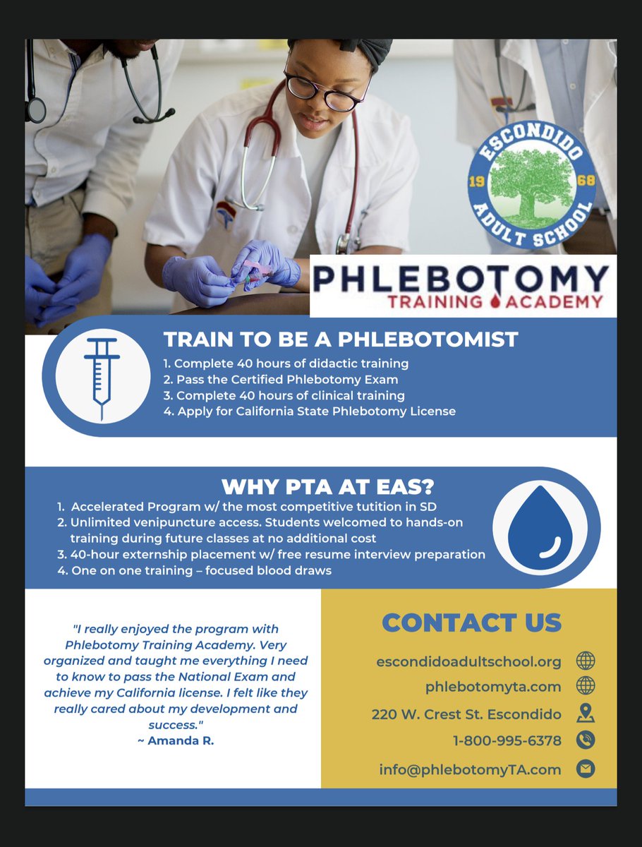 EdEscondido's tweet photo. Register now! https://t.co/sTFz1N6TKv
Read about us in the news! https://t.co/WJXsomchjx
#healthandmedical #adulted #cte #euhsd #escondido @ETCN_SanDiego @StaceyAdame3 @EUHSD https://t.co/gxhrJaNN9n