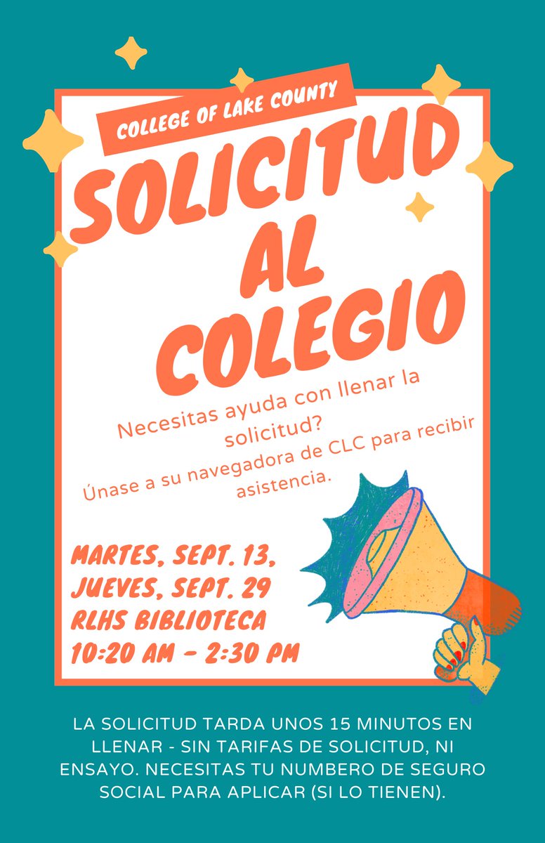 Our <a href="/CLCIllinois/">College of Lake County</a> navigator Carolina Rodriguez is hosting a College Application Drive tomorrow 9/13 and another one on Thursday 9/23. Any RLHS Senior who hasn't completed their application can come down to the RLHS Library during their lunch, free or study hall period and apply!