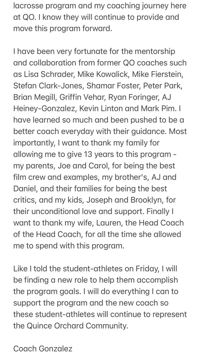 QO Lacrosse (@qolacrosse) on Twitter photo Thank you QO Lacrosse & Athletic community. I am stepping down as the head coach and am looking forward to the next chapter of QO Lacrosse success. <a href="/QOAthletics/">Quince Orchard Athletics</a> @QOHSPrin_Thomas <a href="/MCPSAthletics/">MCPS Athletics</a> <a href="/mcpsAD/">Jeff Sullivan</a> <a href="/MocoMDBoysLacro/">MoCo MD Lacrosse</a> Thank you QO Lacrosse & Athletic community. I am stepping down as the head coach and am looking forward to the next chapter of QO Lacrosse success. <a href="/QOAthletics/">Quince Orchard Athletics</a> @QOHSPrin_Thomas <a href="/MCPSAthletics/">MCPS Athletics</a> <a href="/mcpsAD/">Jeff Sullivan</a> <a href="/MocoMDBoysLacro/">MoCo MD Lacrosse</a>