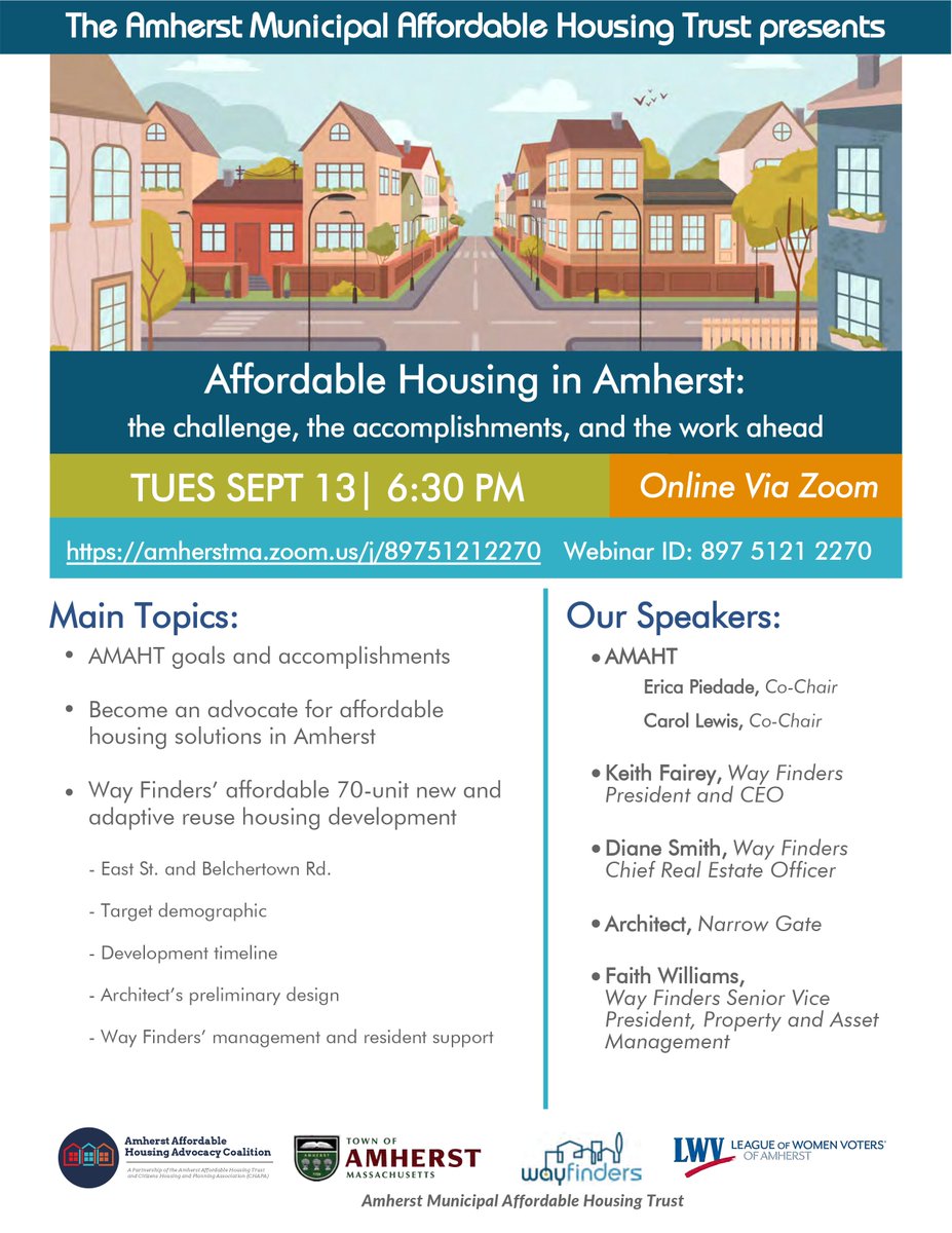 Jo_Comerford's tweet photo. TOMORROW:

Join @HousingAmherst at 6:30 p.m. on Zoom for an important discussion about Affordable Housing efforts in Amherst!

TY to the @TownOfAmherst, @LeagueAmherst, and @WayFindersMA for co-hosting.

Join: https://t.co/mGa2zBEhtn https://t.co/RzfCbSRdta
