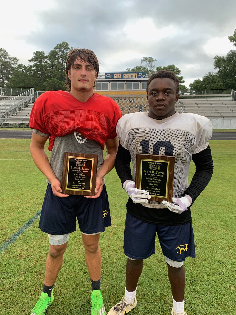 Mid_SouthSports's tweet photo. Co-recipients of week two’s Lloyd Foster Extra Effort Award are Cape Fear’s @FavourMurtala and @ColeWilson_7. QB Wilson threw for over 300 yds and 3 yds and Murtala ran for over 180 yds and 3 tds as CF beat the FTS Bulldogs 39-28. @CFColtsSports @JakeThomas52 @910Preps https://t.co/4o3n1wMhzJ