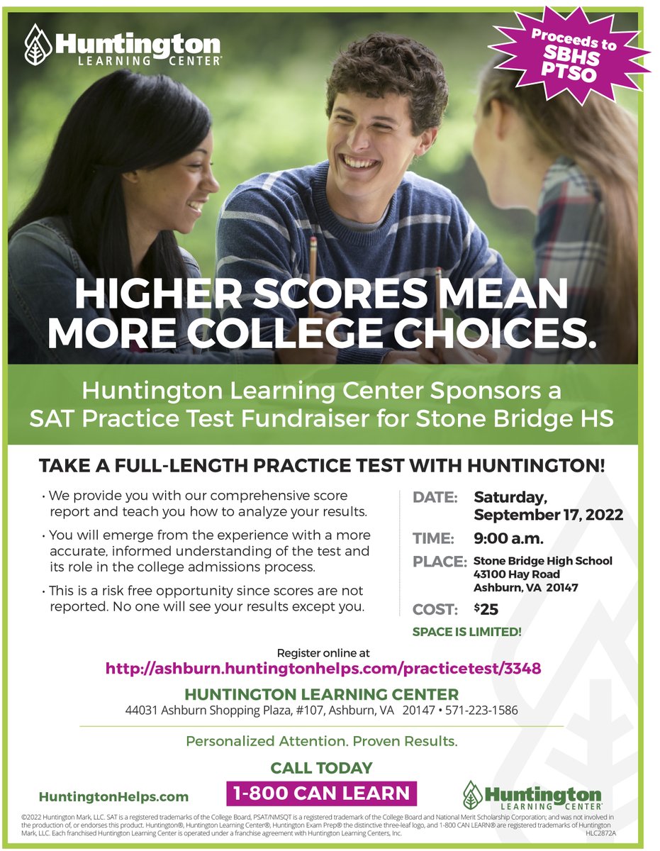 StoneBridgePTSO's tweet photo. Huntington Learning Center and SBHS PTSO are offering a SAT practice test fundraiser on 9/17/22 in the Stone Bridge Library, from 9am-1pm. The registration fee is $25 per student and the money goes to our PTSO. For more information go to: https://t.co/1g7lcF6XhQ https://t.co/pAywWohXLr