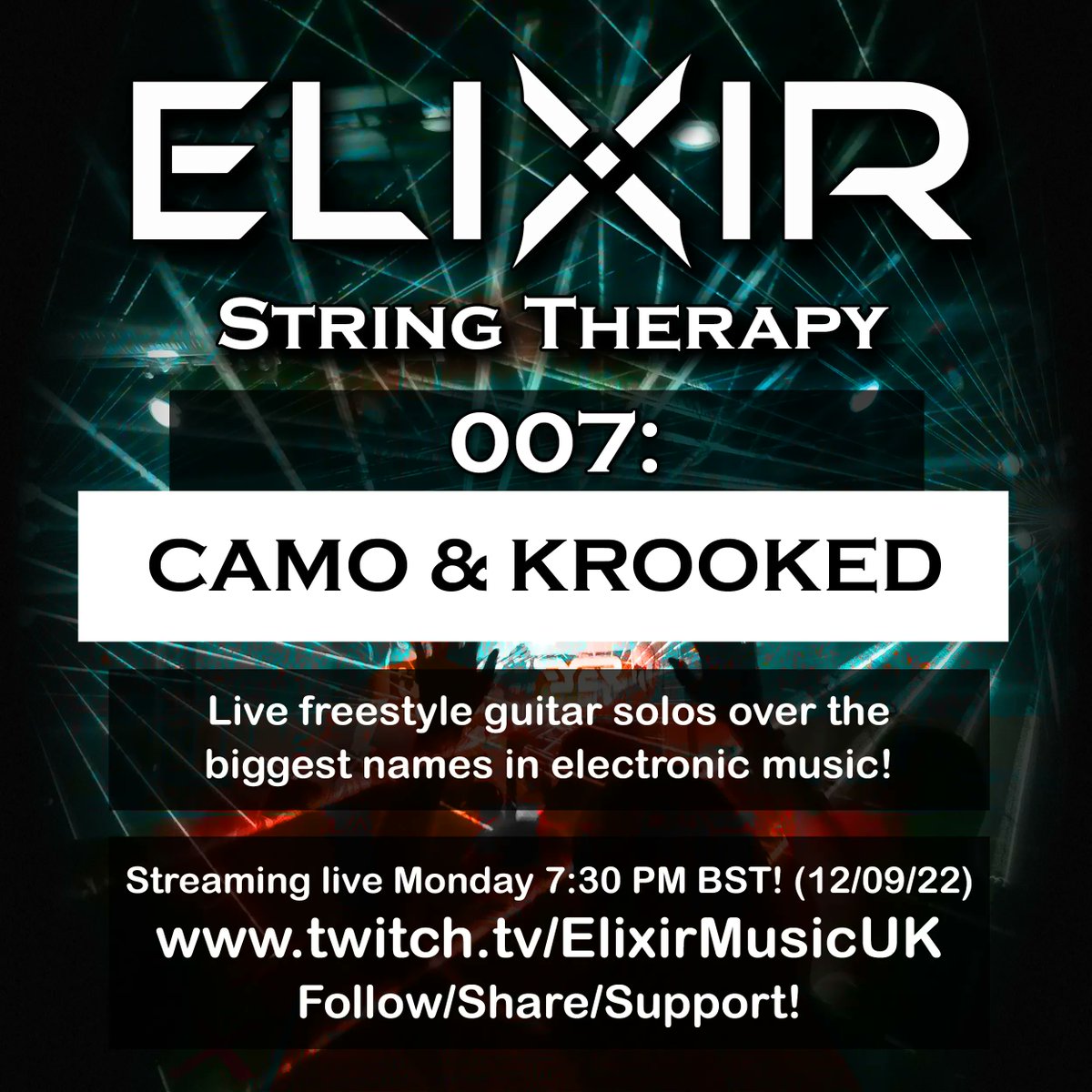 EliXirMusicUK's tweet photo. EliXir: String Therapy Is LIVE!!! Freestyle guitar solos over DnB legends Camo &amp; Krooked!🔥🔥🎸 Watch now…link in bio, URL below:

https://t.co/3k9RQHW6fZ

#dnb #drumnbass #camokrooked #camoandkrooked #elixir #stringtherapy #djset #twitch #guitar #guitarist #guitarsolos #shred https://t.co/wsMB3DJt77