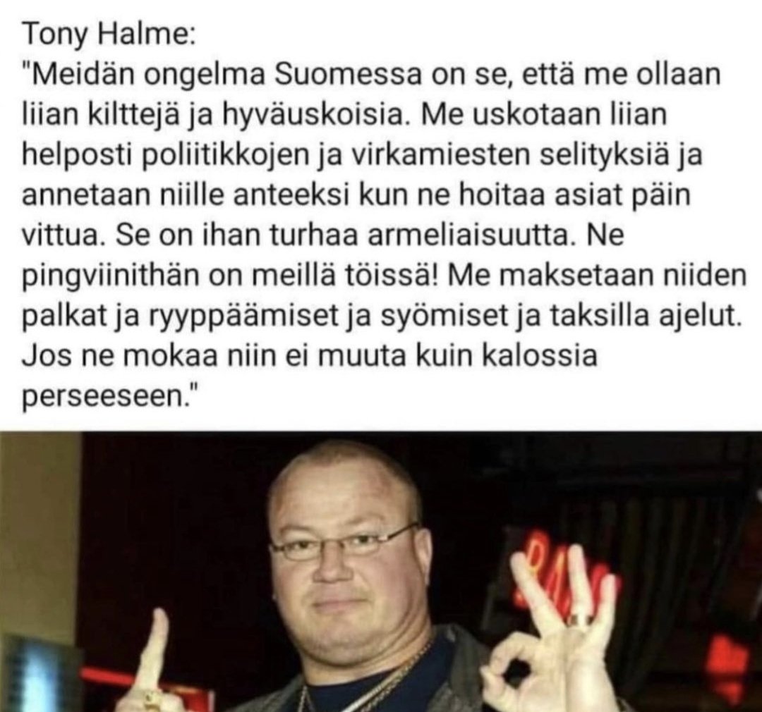 armanalizad's tweet photo. Mä veikkaan et Halmeessa eniten tietyssä porukassa vitutusta aiheuttaa se, et vaik ne kui sitä vihas/vihaa, ni sisimissään he ties ja tietää et kaveri oli joidenki asioiden suhteen Speden sanoin eh, nimittäin, oikeassa.

Häshtag kalossiaperseeseen 😃 https://t.co/csD2HGinVP