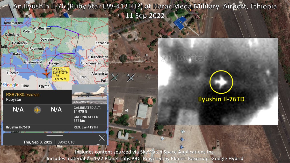 Gerjon_'s tweet photo. ⚠️An Ilyushin Il-76TD is currently parked at 🇪🇹Harar Meda Military Airport, the main base of the Ethiopian Air Force, and has been there for a few days (seen here: 11 Sep).
This is most likely 🇧🇾EW-412TH #60005F, operated by Rubystar of Belarus, which flew into Africa on 08 Sep. https://t.co/faJfsEY6sh