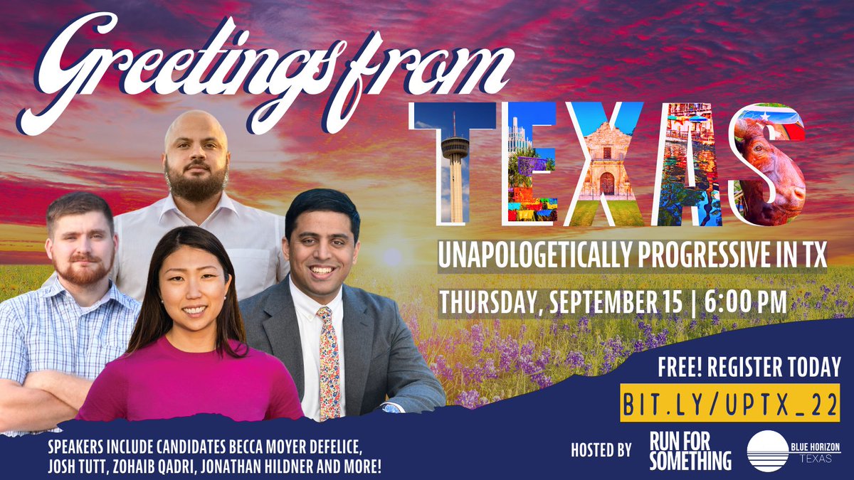 📣 On Sept 15, <a href="/RunForSomething/">Run for Something</a> &amp; <a href="/BlueHorizonTX/">Blue Horizon Texas</a> are hosting their first ever in-person event in San Antonio! Come hear more about what it’s like to run for office, moderated by <a href="/theloserteacher/">Jalen McKee-Rodriguez 🩷</a>. (Did I mention it’s free?) Don’t miss out! bit.ly/UPTX_22 #UP2022 #UPTX