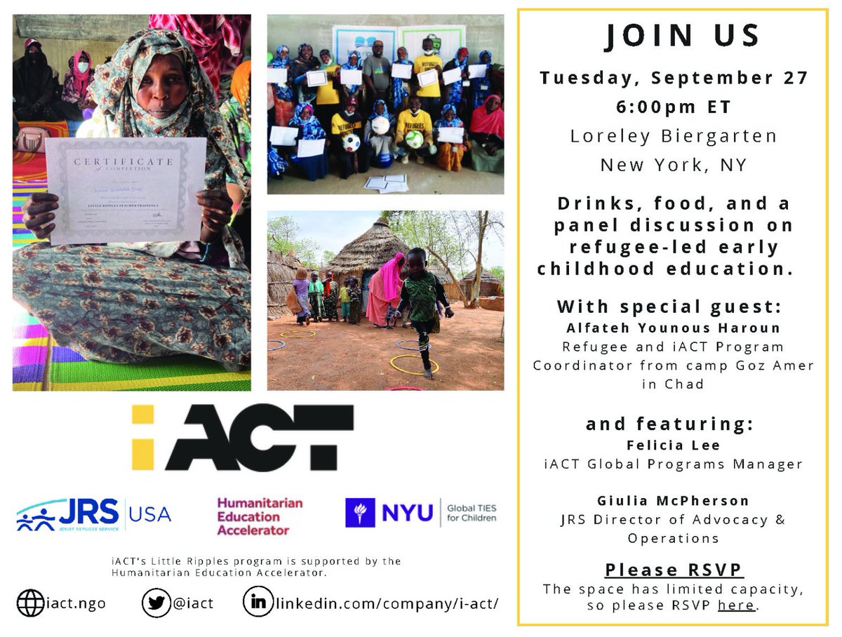 MovingMindsECD's tweet photo. 📢Join @iact &amp; @jrsusa for an in-person panel discussion on the need for more investment in #ECE for refugee children, featuring Al-fateh Haroun from refugee camp Goz Amer in Chad.

🗓️September 27th at 6PM
📍Loreley Biergarten, New York

Register:https://t.co/J7SR5EKJEF https://t.co/3oASBfdcFP