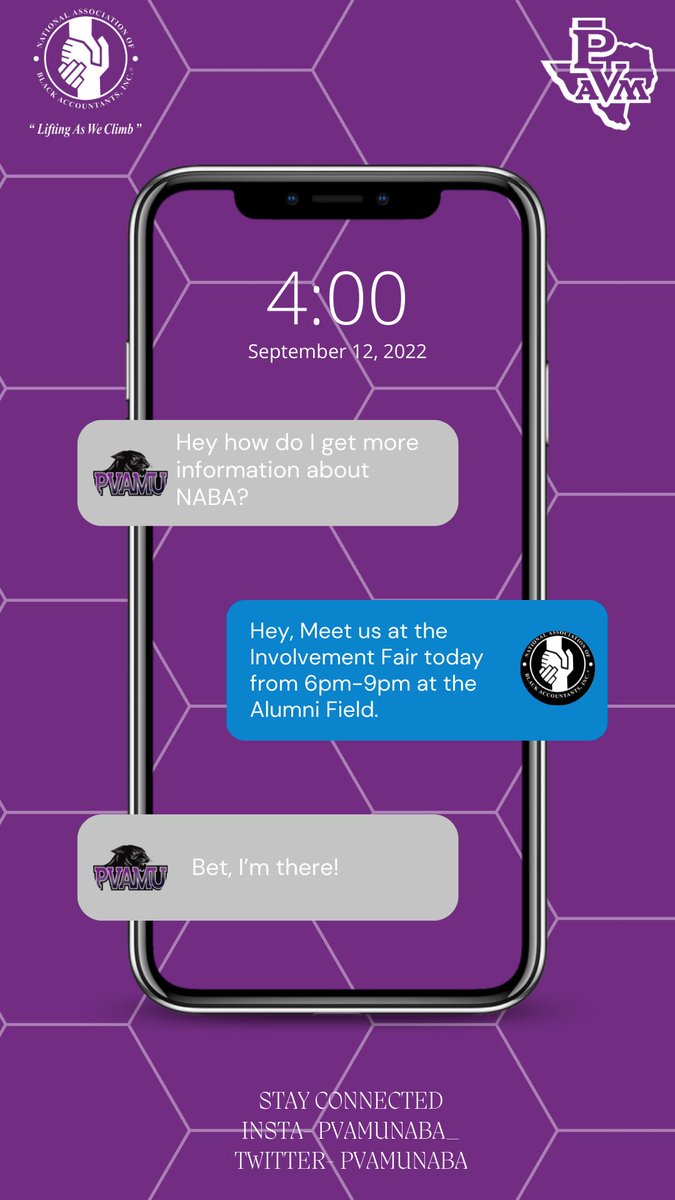 PvamuNABA's tweet photo. Are you interested in joining the NATIONAL ASSOCIATION OF BLACK ACCOUNTANTS?
Join us TODAY at the Involvement Fair for more details and information 🤫 This is something you don’t want to miss! https://t.co/ITFFarPmVu