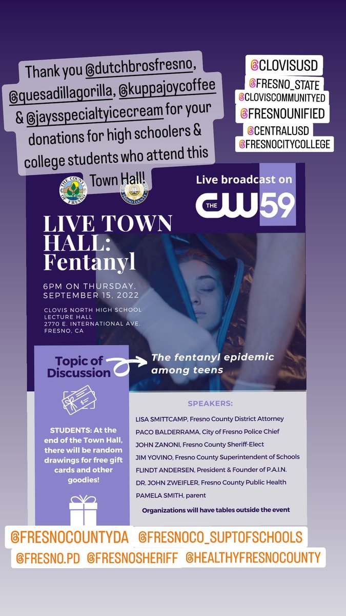 FresnoCountyCA's tweet photo. High school and college students have a chance to win gift cards from partners who want you to attend this live Town Hall on Thursday about the fentanyl epidemic in Fresno county. @Fresno_State @ClovisCCC @fresnocity @CentralUSD @fresnounified @clovisusd @CW59KFRE @KMPHFOX26 https://t.co/yY3BSrpDQe