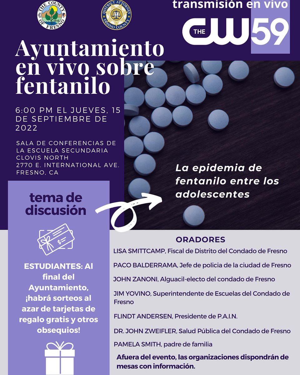FresnoCountyCA's tweet photo. High school and college students have a chance to win gift cards from partners who want you to attend this live Town Hall on Thursday about the fentanyl epidemic in Fresno county. @Fresno_State @ClovisCCC @fresnocity @CentralUSD @fresnounified @clovisusd @CW59KFRE @KMPHFOX26 https://t.co/yY3BSrpDQe