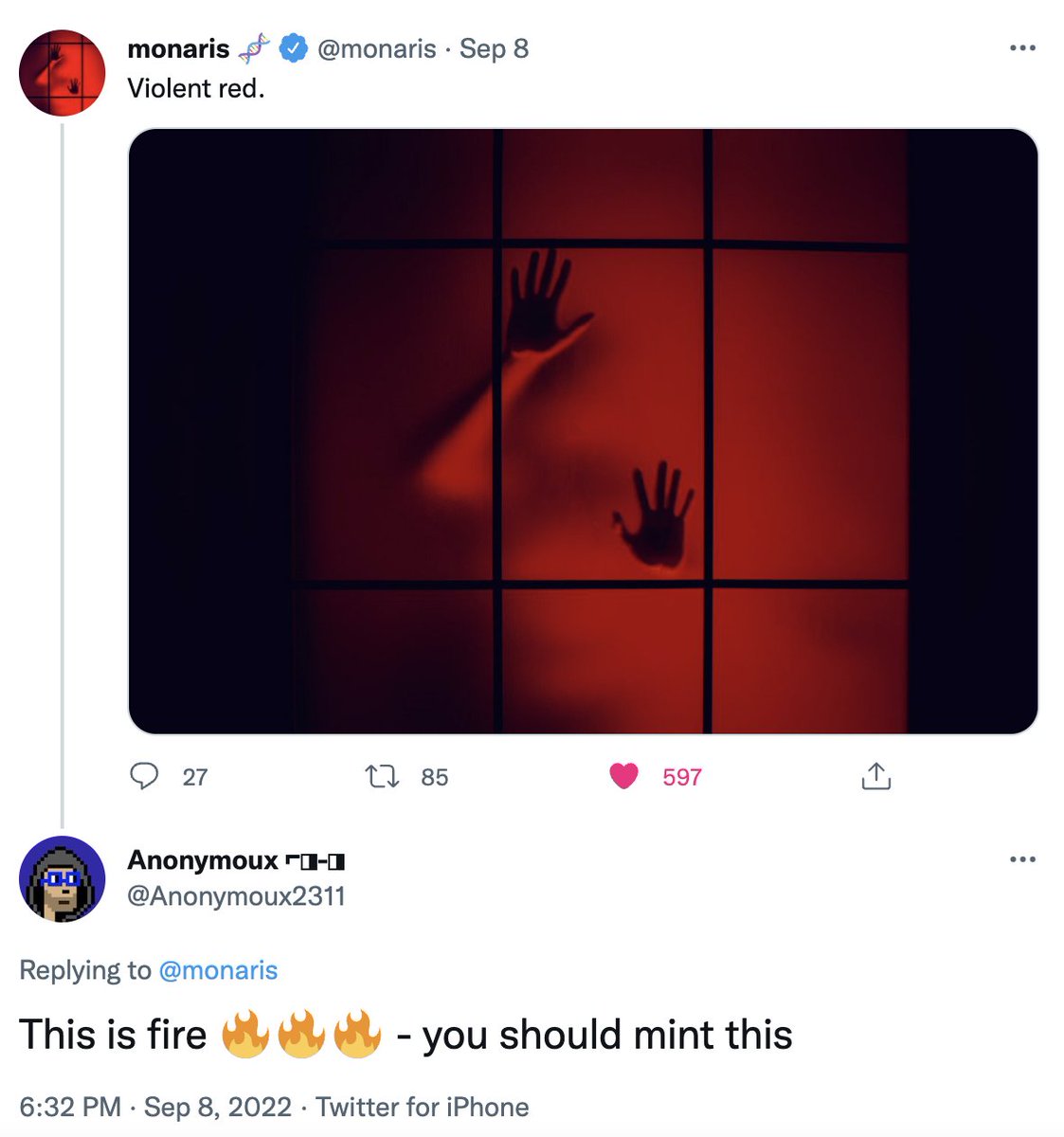 salikhovart's tweet photo. From 0 to $20,000 sale in 4 days! 📸

Sep 8: @monaris shares an image and @Anonymoux2311 suggests minting it.
Sep 12: Monaris mints Violent Red and Anonymoux pays top dollar 30 mins later.

You two are such an inspiration!! Most bullish I've ever been on crypto! 🔥 https://t.co/IuKziP7lOv
