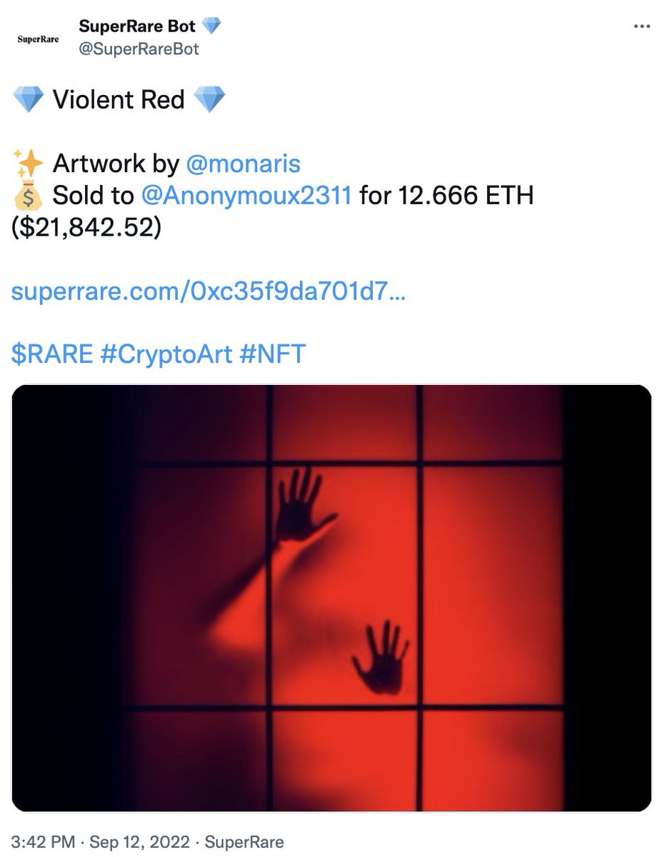 salikhovart's tweet photo. From 0 to $20,000 sale in 4 days! 📸

Sep 8: @monaris shares an image and @Anonymoux2311 suggests minting it.
Sep 12: Monaris mints Violent Red and Anonymoux pays top dollar 30 mins later.

You two are such an inspiration!! Most bullish I've ever been on crypto! 🔥 https://t.co/IuKziP7lOv