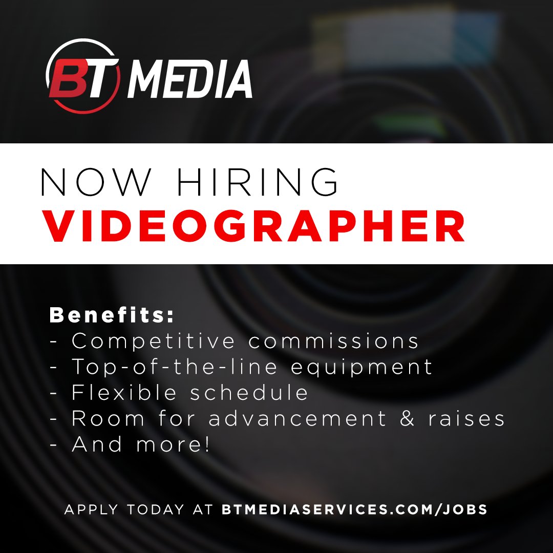 BTMediaServices's tweet photo. WE'RE HIRING!
Join our growing team! We’re looking to hire a hard-working professional videographer to shoot most of our client projects, then collaborate with our editing team to make client visions come to life!

Learn more &amp; apply here: https://t.co/D0wl18COcj https://t.co/EHGhdO4Rjf
