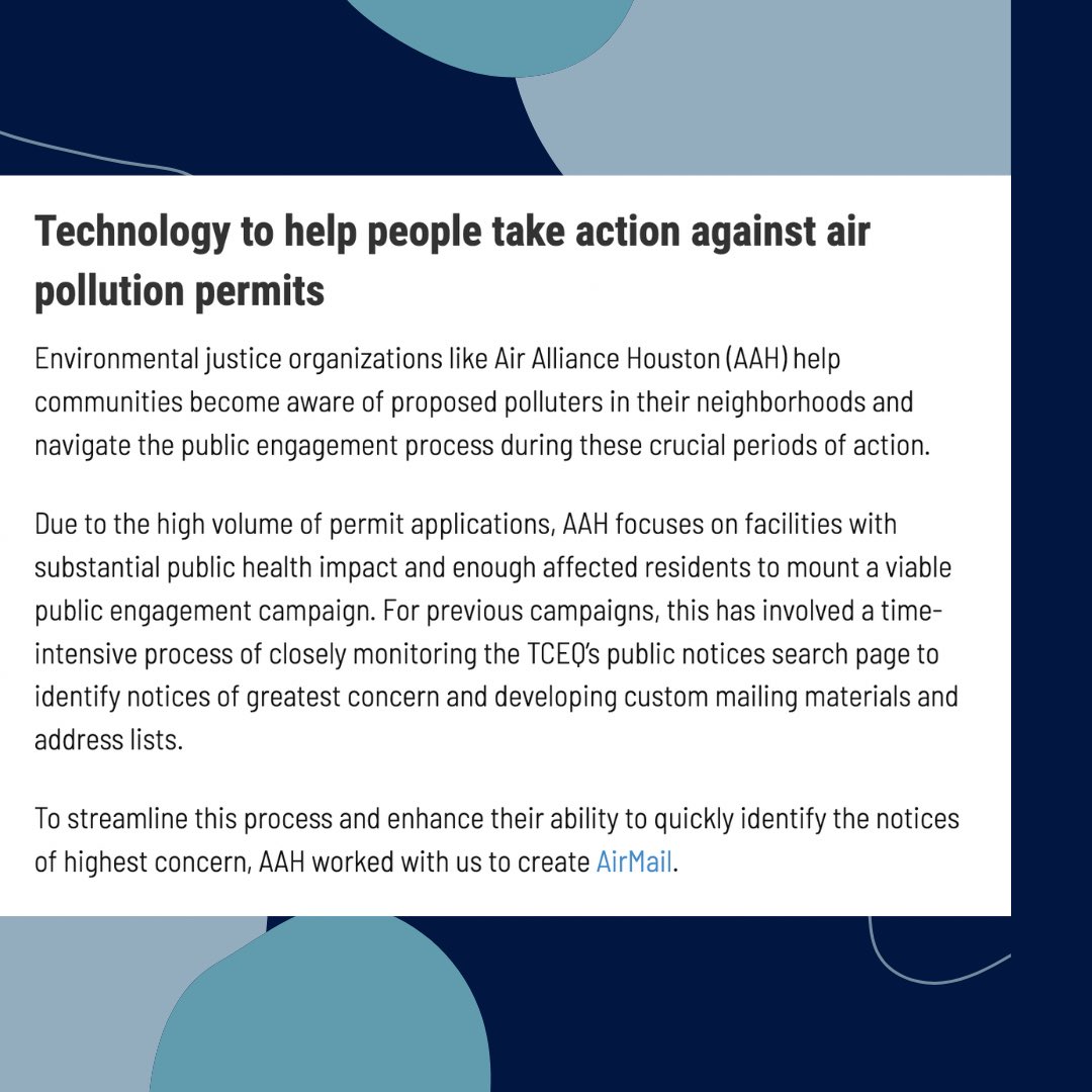 airallianceHOU's tweet photo. Check out this article from Emi Jackson of @januaryadvisors about our new #EnvironmentalJustice tool, AirMail: https://t.co/mSAyCyrLzh

Want to learn more? Check our pinned tweet for webinar registration links!

#OurSharedHOU https://t.co/TRkv6DrFbL