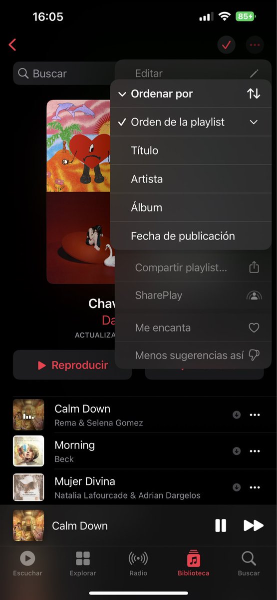 Por fin en #iOS16 se pueden ordenar las canciones de tus playlist desde las añadidas recientemente.