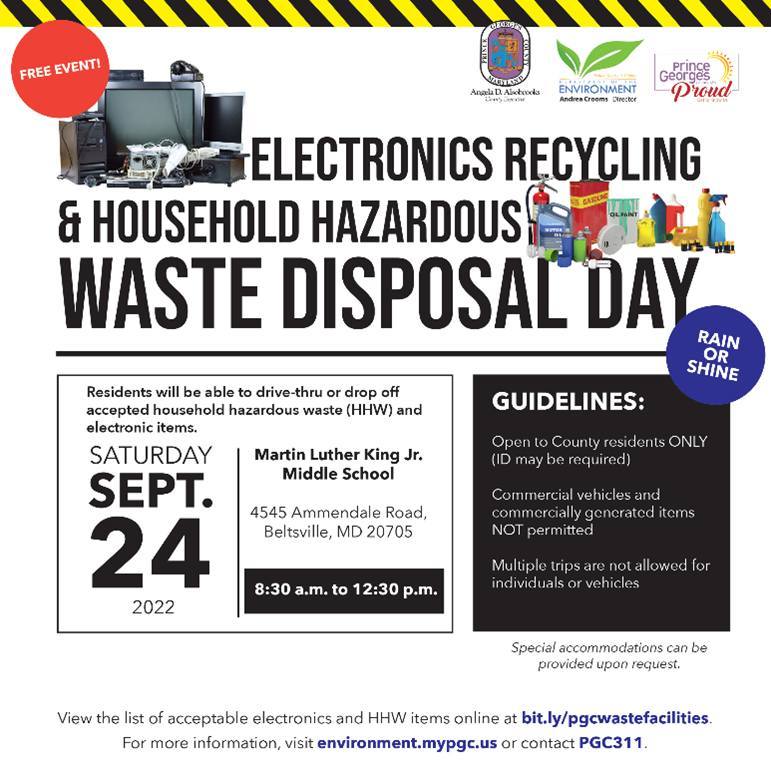 PGCSprout's tweet photo. #savethedate 09/24, @pgcsprout will hold an Electronics Recycling &amp; Household Hazardous Waste Disposal Day at MLK Jr. Middle School in Beltsville.

Residents can drive-thru or drop off. Acceptable items at https://t.co/VdwpRvk1DO.

Visit https://t.co/MfdtpJGSfz or contact PGC311. https://t.co/JjHvUUlVri