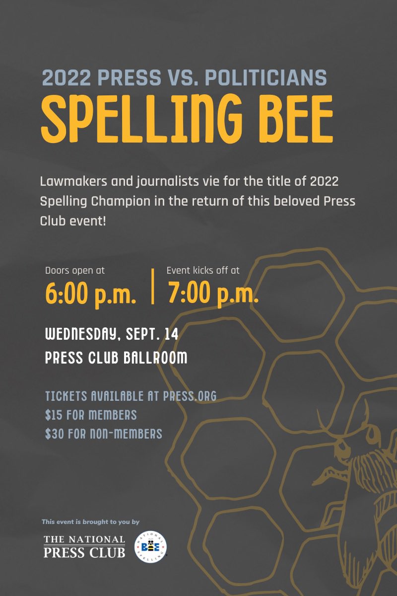 PressClubDC's tweet photo. 📢 Calling all journalists! Come support TEAM PRESS at the @PressClubDC Politicians vs. Press Spelling Bee this Wed. Sept. 14 at 7pm! You’re colleagues @FarnoushAmiri @ericgeller @martinepowers @ramtinarablouei and @amybwang need your support! #NPCBee https://t.co/6RpPRVKju1 https://t.co/l1ysexYTfF