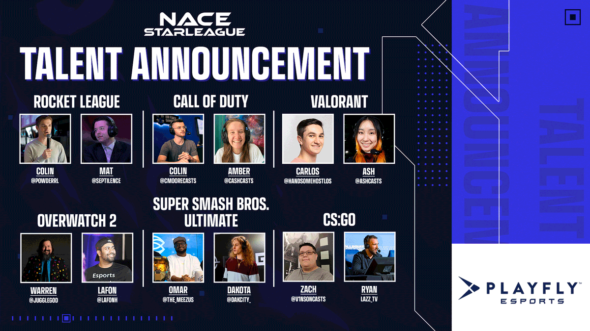 playvs_college's tweet photo. Are you ready for another unforgettable season🎉

Here is your first look at all of the dynamic duos who will be serving center stage as our Fall 2022 NACE Starleague broadcast talent📸

Our first stream kicks off LIVE tonight @ 7PM EST on https://t.co/K8gnEvuDsd https://t.co/UUMhPyNPmv