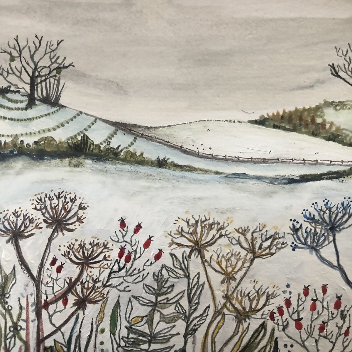 BMudlark's tweet photo. Today I’m working on Christmas card designs! This is a first draft… looking forward to giving attempt number two a go! #christmascard #card #mudlarkart #countrysidescene #christmasscene #winterscene https://t.co/ZcqXKyf50X