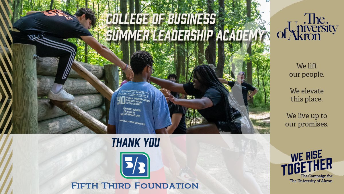 UAgives's tweet photo. Thank you, @FifthThird Foundation, for investing in @uakronbusiness students! Your generous support of @uakron’s Leadership Academy helps new Zips get a head start, develop leaderships skills, &amp; have a successful 1st year. #WeRiseTogether https://t.co/3qMiJmIRQR