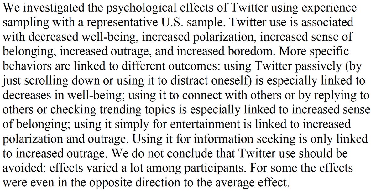 DegenRolf's tweet image. "Twitter use is associated with decreased well-being, increased polarization, increased sense of belonging, increased outrage, and increased boredom." psyarxiv.com/4x5em/