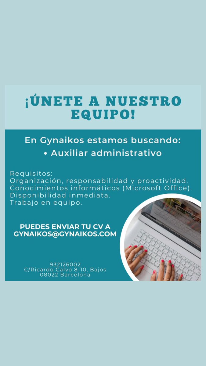 gynaikos's tweet photo. Te gustaría trabajar con nosotros? En @gynaikos estamos buscando auxiliar administrativo, horario de media jornada. Si estás interesado y quieres formar parte de nuestro equipo, contáctanos por mail a gynaikos@gynaikos.com https://t.co/2k74STsfNs