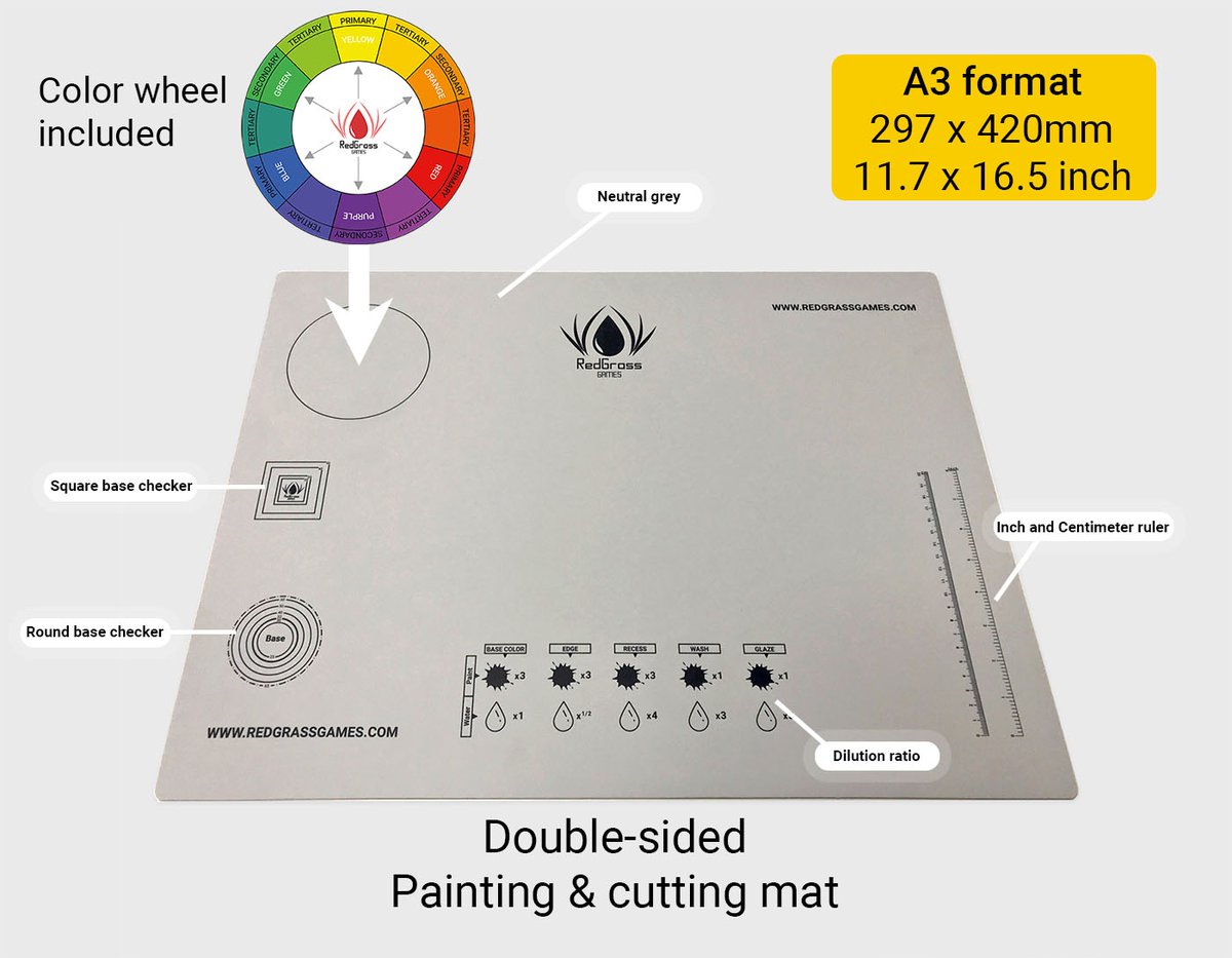 RedgrassGames's tweet image. The Redgrass Games Cutting and Painting Mat is designed to perfectly fit your hobby needs! It includes a neutral grey colour, a colour wheel, base sizes and rulers to help with measuring.

👉 redgrassgames.com/painting-mat-f…

#redgrassgames #miniaturepainting #cuttingmat #hobbytools