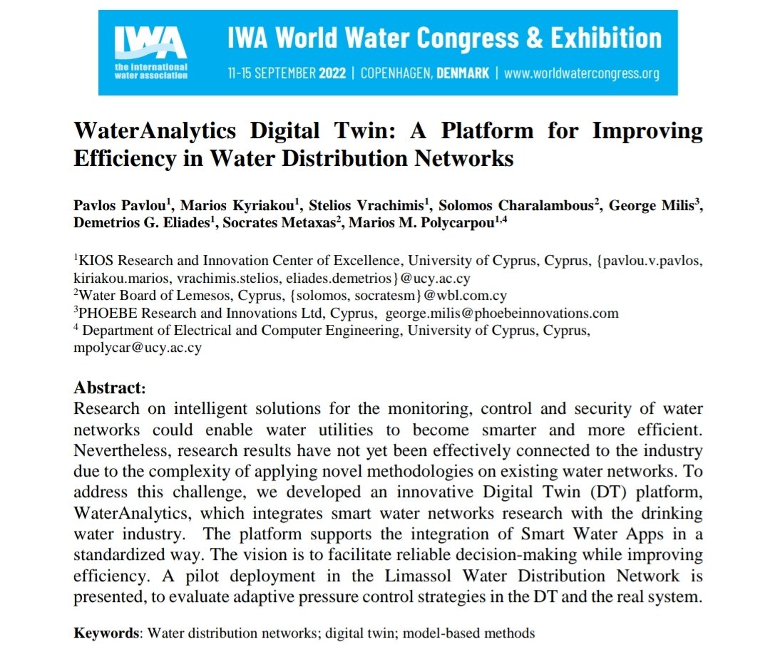 Mr. Socrates Metaxas, Manager of the Water Board of Limassol, presenting our work "WaterAnalytics Digital Twin: A Platform for Improving
Efficiency in Water Distribution Networks" at the <a href="/IWAHQ/">International Water Association</a> #worldwatercongress 🇩🇰. <a href="/KIOSCoE/">KIOS Research and Innovation Center of Excellence</a>