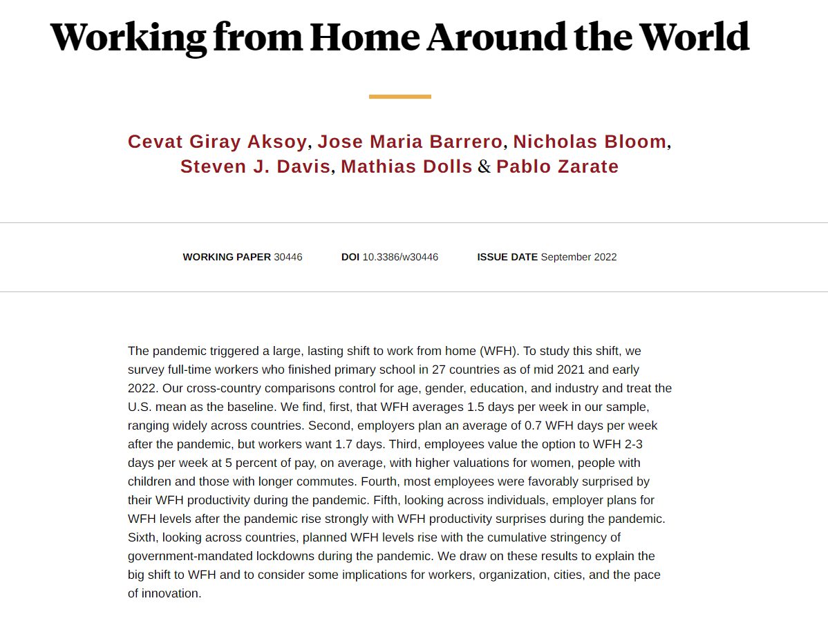 PabloZarate98's tweet photo. My first NBER Working Paper!

Take a look at our new paper "Working from Home Around the World", joint with @cevatgirayaksoy, @Jose_MariaRD, @I_Am_NickBloom, Steve Davis and @MathiasDolls 👇

https://t.co/v2fjjYoMSf https://t.co/cOfME0oSqC