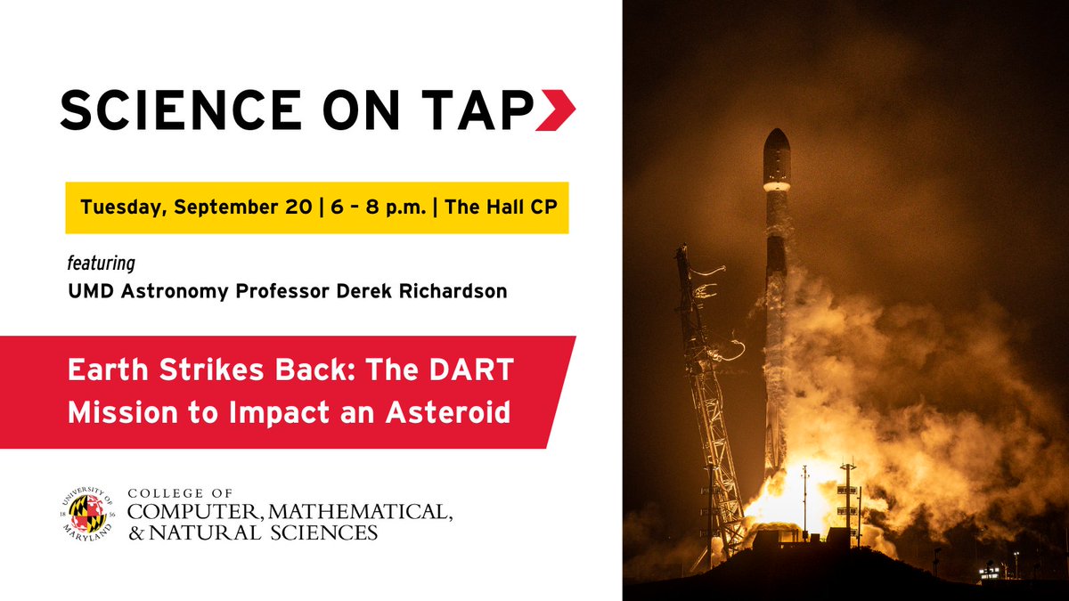 UMDscience's tweet photo. .@NASA's #DARTMission is the first space mission to stop an asteroid from hitting Earth – and it's expected to impact an asteroid this month.

Learn about the mission from DART Team Lead and @UMDAstronomy Prof. Derek Richardson at Science on Tap on 9/20: https://t.co/ONql0JnqiQ https://t.co/BYjzcSRWYA
