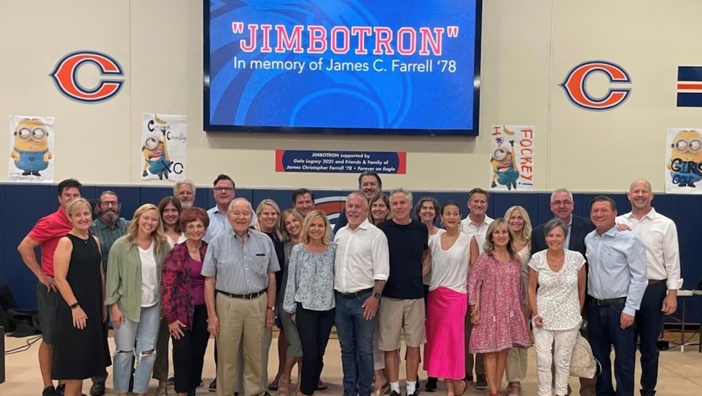 chaminadealumni's tweet photo. Last week we dedicated the new LED video wall in the gym, affectionately referred to as the “Jimbotron,” in honor of James C. Farrell ’78. The Jimbotron was made possible by generous donations from Jim’s family, friends, Chaminade alums, and funds from the 2021 Gala, Legacy. https://t.co/NMtEKacSDZ