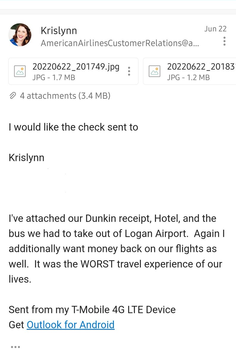 kjmattscheck's tweet photo. @AmericanAir where is my refund?!  Our experience was terrible and included a 3 hour delay, our copilot timed out, and our flight was canceled at midnight as all cust serv reps left as their shift ended.  I sent this in almost 3 months ago w/o more than an auto reply! https://t.co/76eBZVmlnH