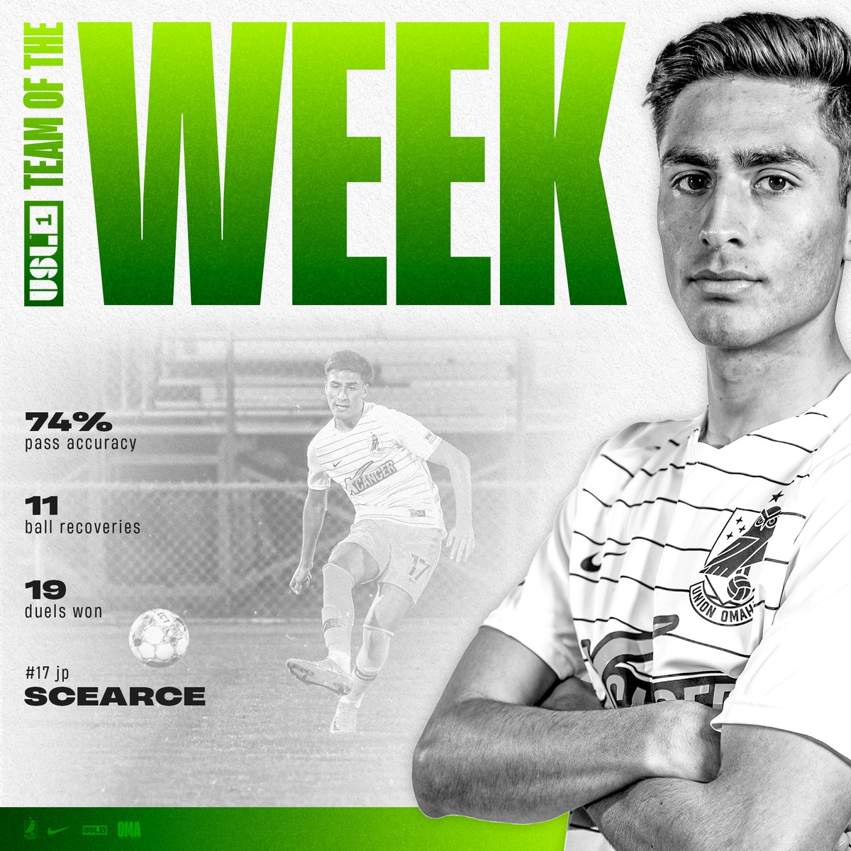 🏅 Chalk up another @uslleagueone 𝗧𝗲𝗮𝗺 𝗼𝗳 𝘁𝗵𝗲 𝗪𝗲𝗲𝗸 performance from our all-time appearance leader after providing a bright spot in the midfield last night. Congrats @jpscearce97!👏 #OneMeansAll #UnionOmaha