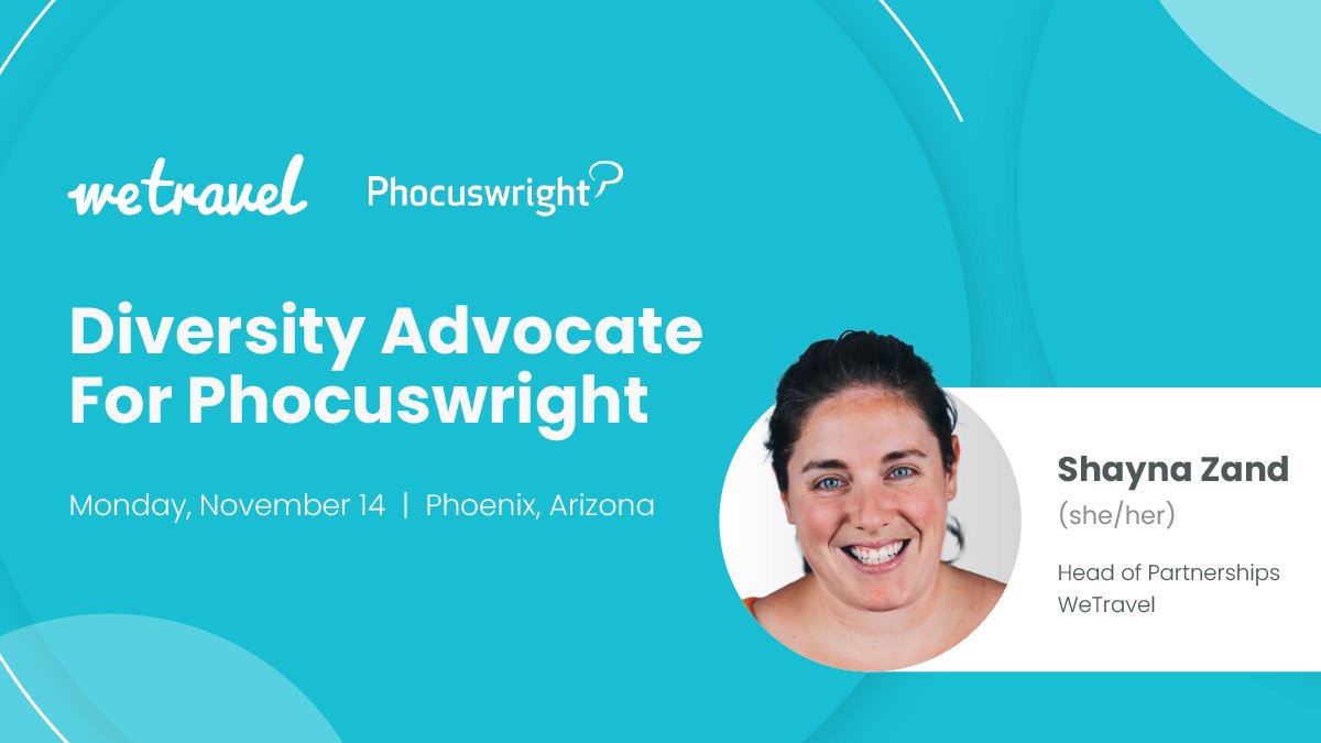 WeTravel is thrilled to share that our Head of Partnerships, Shayna Zand, will be a #Diversity Advocate at the <a href="/Phocuswright/">Phocuswright</a> Conference in Phoenix, Arizona this November. We look forward to hearing Shayna speak.

Learn more:phocuswrightconference.com/Program/divers…

#DEAI #InclusiveTravel