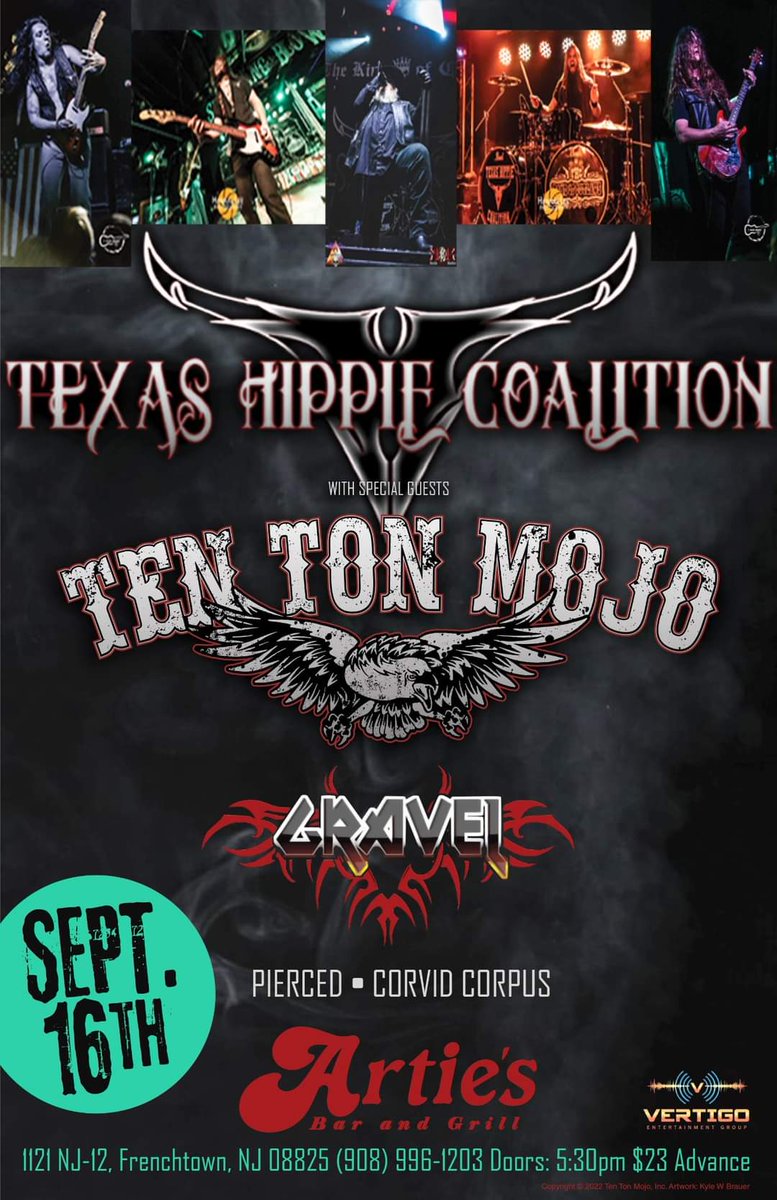 This FRIDAY night (9/16) at Artie's Bar and Grill the TEN TON MOJO train keeps a rollin to Frenchtown, NJ to open for the amazing hard rock sound of the Texas Hippie Coalition 🤘 
Adv tixx $20 / $23 D.O.S. / doors open at 5:30pm

#tentonmojo #newjersey #pennsylvania