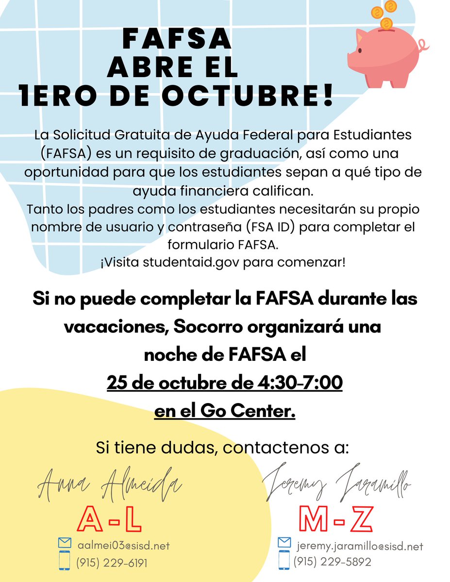 MsAlmeida_SHS's tweet photo. Attention @Socorro_HS community!🐾FAFSA Opens October 1st. Are you ready? Visit the Go Center if you have any questions!🤑🎓 #TeamSISD #FAFSA @FGerardo_SHS @SHScounselorsEP @SHSFBGIRON @jtavarez_shs @MSimental_SHS @soneal_SHS @CAvila_SHS @EMartell_SHS @RRodriguez_SHS @SocorroISD https://t.co/zEKBR68kzV