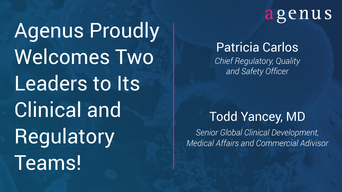 Agenus is pleased to announce the appointment of Patricia Carlos as Chief Regulatory, Quality, and Safety Officer; and Todd Yancey, MD, as Senior Global Clinical Development, Medical Affairs and Commercial Advisor. investor.agenusbio.com/news-releases/…