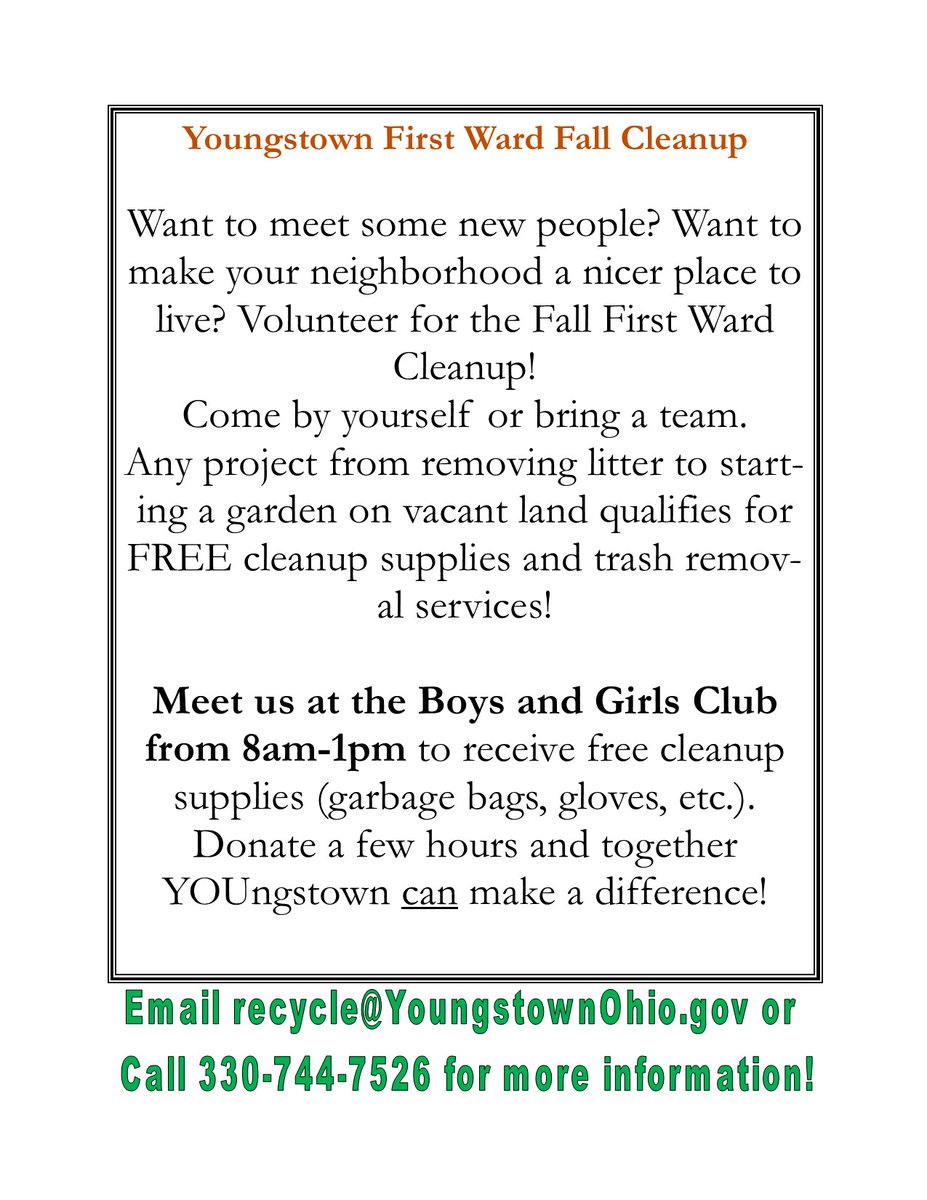 GreenYoungstown's tweet photo. Green Youngstown and First Ward residents will join forces to clear the streets of First Ward on Saturday, September 17, 2022 at the Boys and Girls Club. Bring a Team! Supplies, t-shirts, and refreshments will be provided. https://t.co/0ELj3FWuXx
