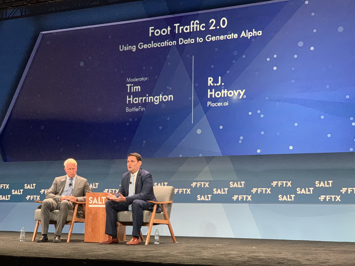 BattleFinData's tweet photo. #BattleFin CEO Tim Harrington takes the stage with @Placer_ai’s R.J. Hottovy on Breakout Stage West at @SALTConference #SALTNY! Stop by now to catch the end of this #geolocation panel. #PlacerAI #AltData https://t.co/5xIashh3K1