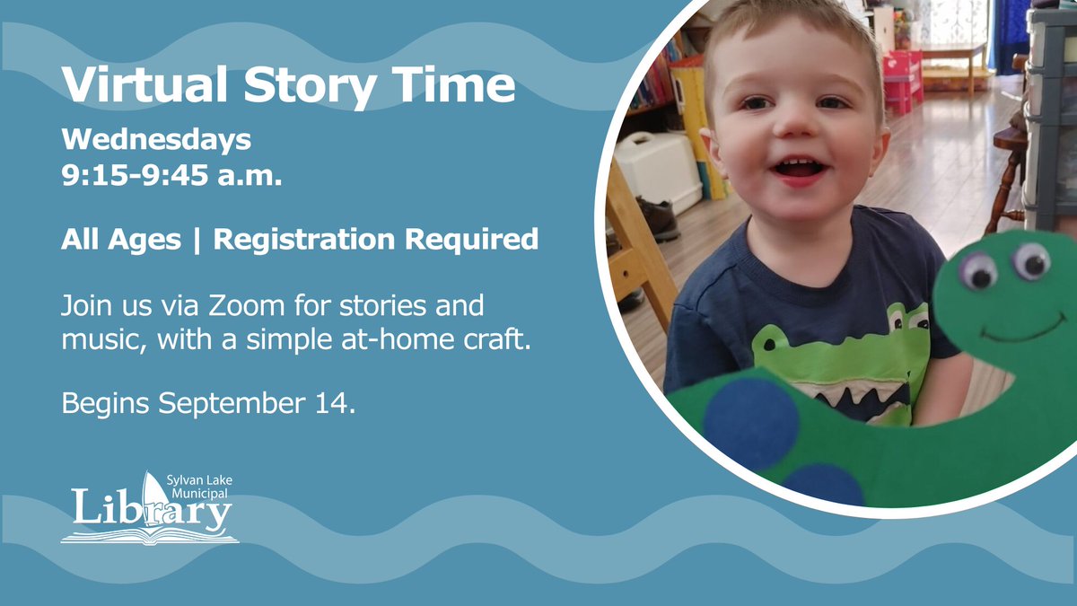 SylvanLib's tweet photo. Not ready to return to in-person story times? No problem! 
Join us for a virtual story time via Zoom every Wednesday. Stories, songs, and lots of laughs. Call the library at 403-887-2130 or email us at sylvan.library@prl.ab.ca to sign up. 
#SylvanLake #VirtualStoryTime https://t.co/O5nqwUcC6m