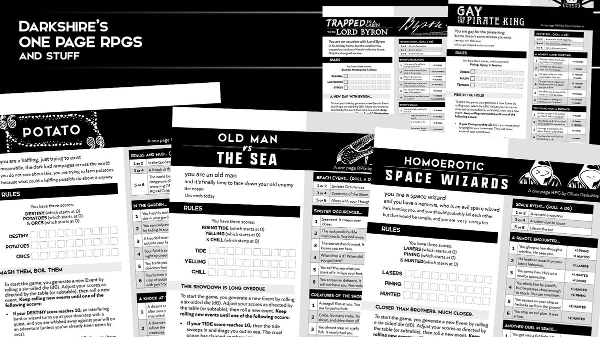 deathbybadger's tweet photo. OKAY at long last, I have finally put together a place to find my One Page RPGs, from "Potato" through "A Vampire Stole my Himbo" down to "Gay for the Pirate King"

It's all free, though there's an option to subscribe if you want to throw the odd coin to your witcher https://t.co/YZKIxioSCR
