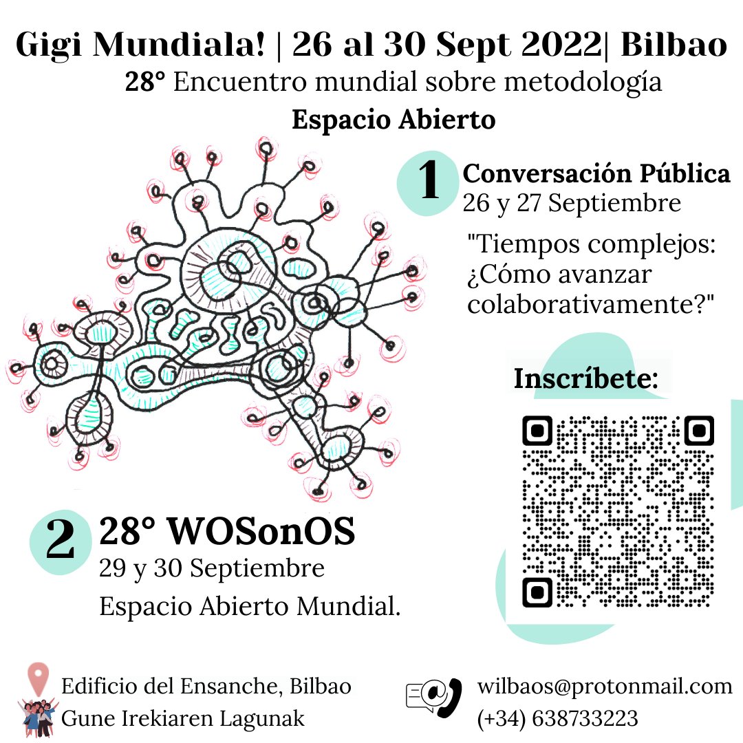 OpenSpace_EH's tweet image. 28º #WOSonOS2022 (encuentro mundial  d #OpenSpaceTech) n Bilbao 26-30 Sept. Genial para quien se interesa x la #Facilitación #Autorganización #InteligenciaColectiva #Cocreatividad.
+40 participantes ya, de 12 estados. ¿Te apuntas?

Gracias x la difu (sobre todo, boca a boca ;-)!